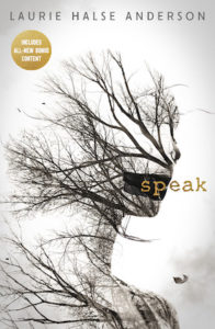 a girl's face, shaped out of bare branches with some leaves floating around in a breeze. there is black tape across where her mouth would be, and the word "speak" is situated against the black tape.